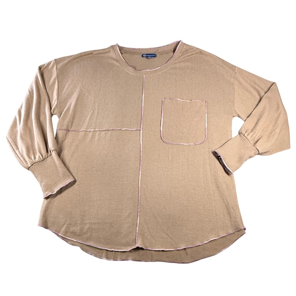 Democracy Top Women XL Tan Pink Long Sleeve Pullover Exposed‎ Seam Ribbed Pocket